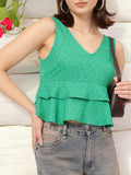 DressBerry Fusion Flair Dobby Detail V-Neck Ruffles Sleeveless Top