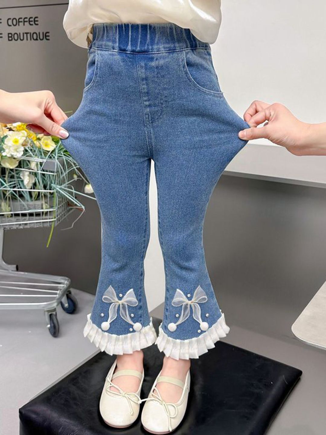 YK Girls Cotton Comfort Skinny Fit Mildly Distressed Light Fade Embellished Jeans