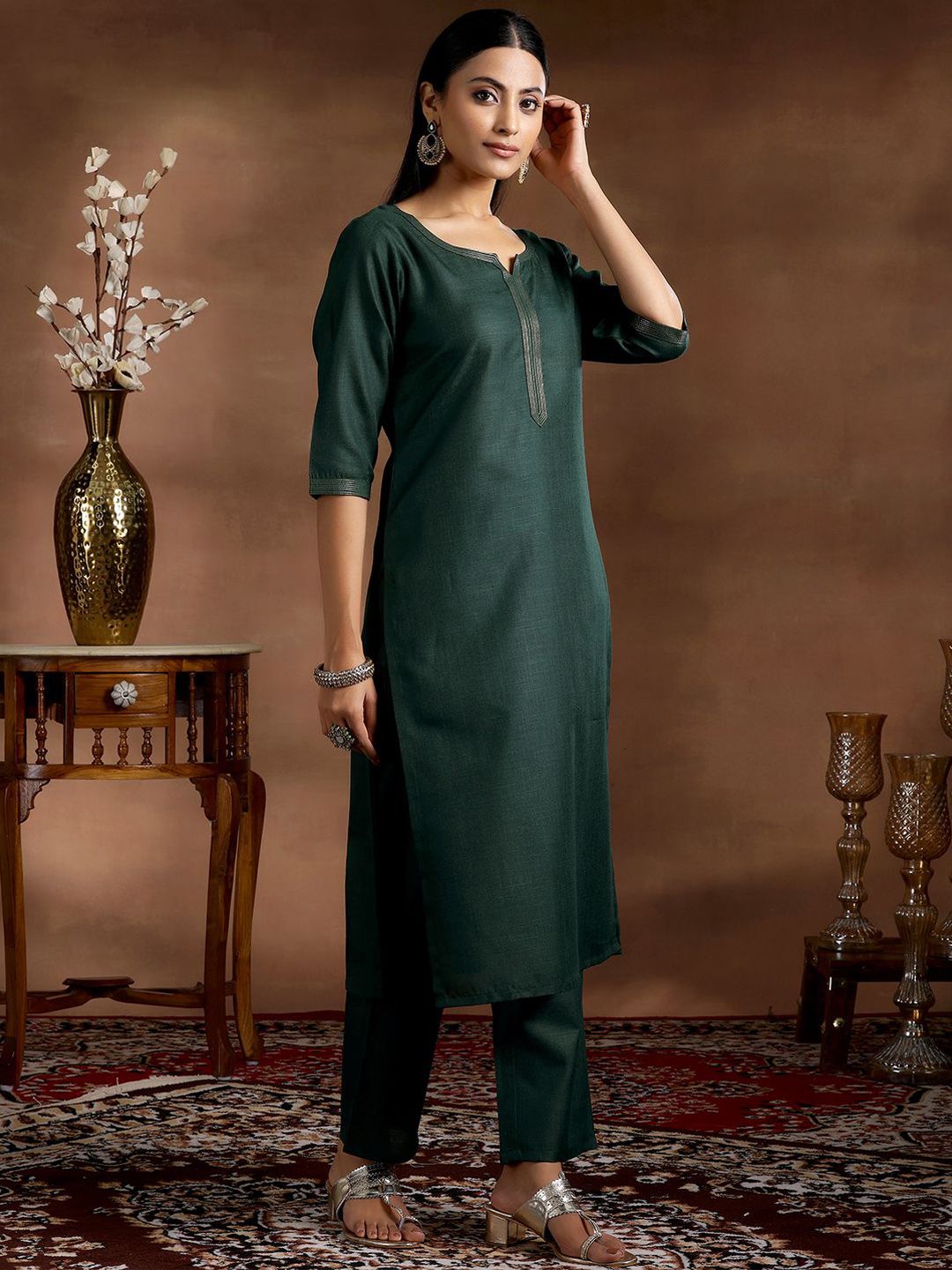 Libas Notched Neck Straight Kurta with Trousers & Dupatta