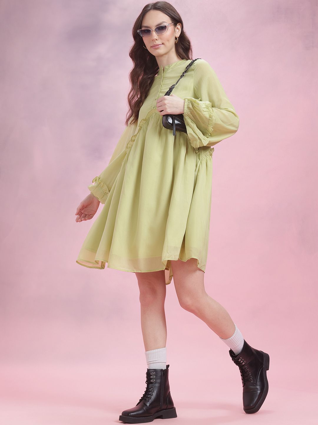 DressBerry Puff Sleeves Ruffled A-Line Dress