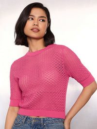 SASSAFRAS Crochet Round Neck Half Sleeve Beach Cover-up Top