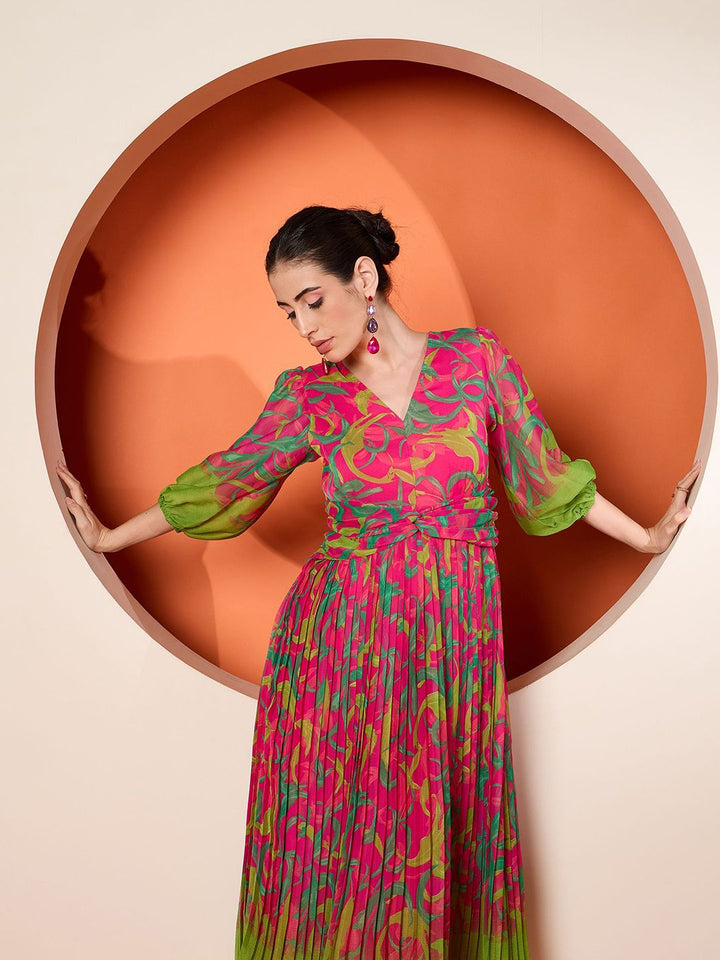 Antheaa Women Floral Printed Fit & Flare Pleated Midi Dress