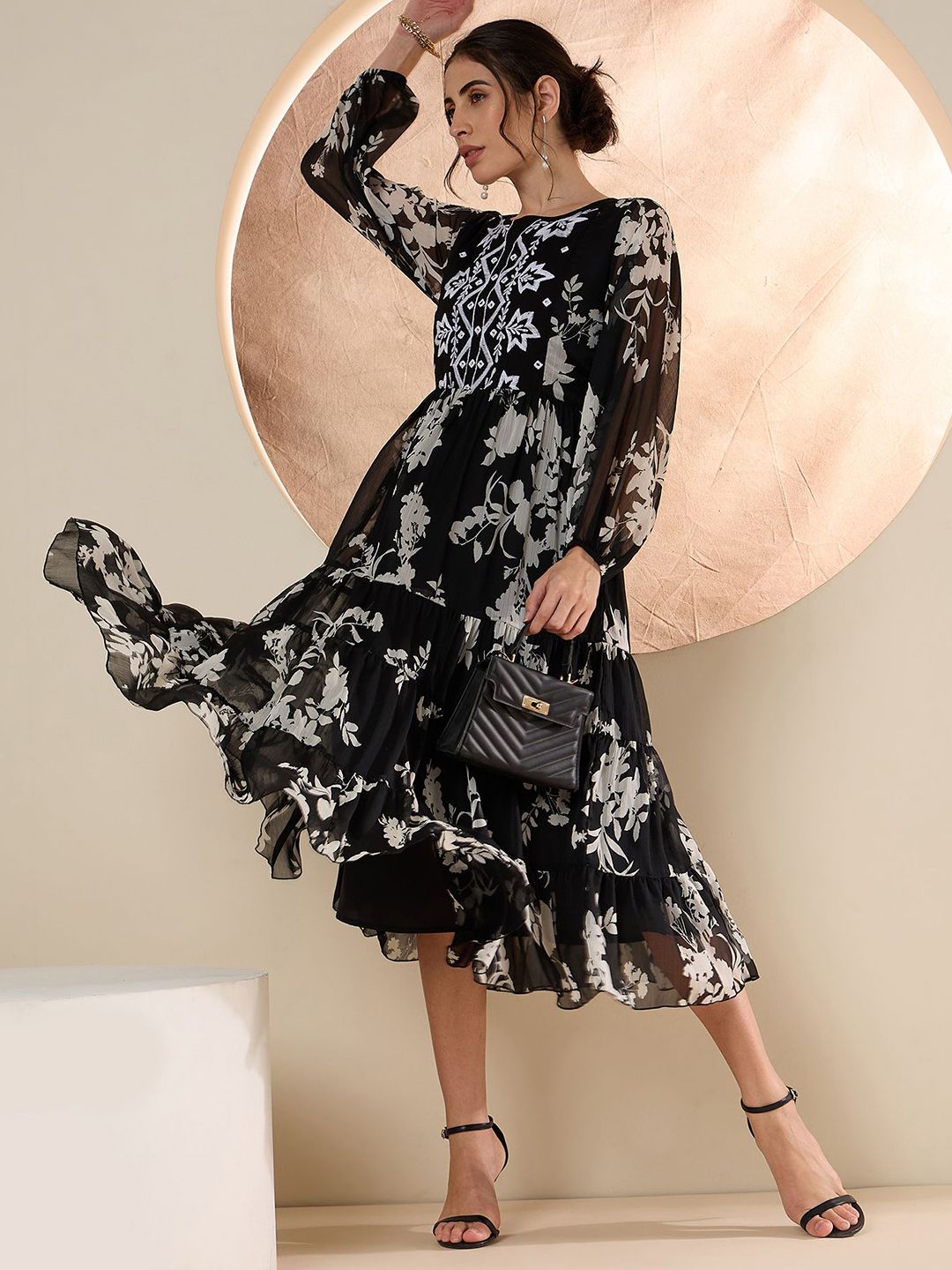 Antheaa Women Floral Embroidered Fit & Flare Midi Dress