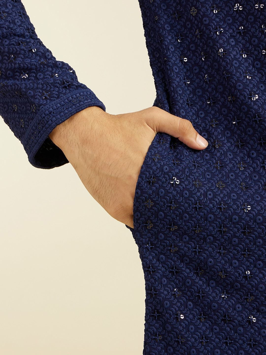 Diwas by Manyavar Geometric Chikankari Embroidered & Sequinned Mandarin Collar Kurta