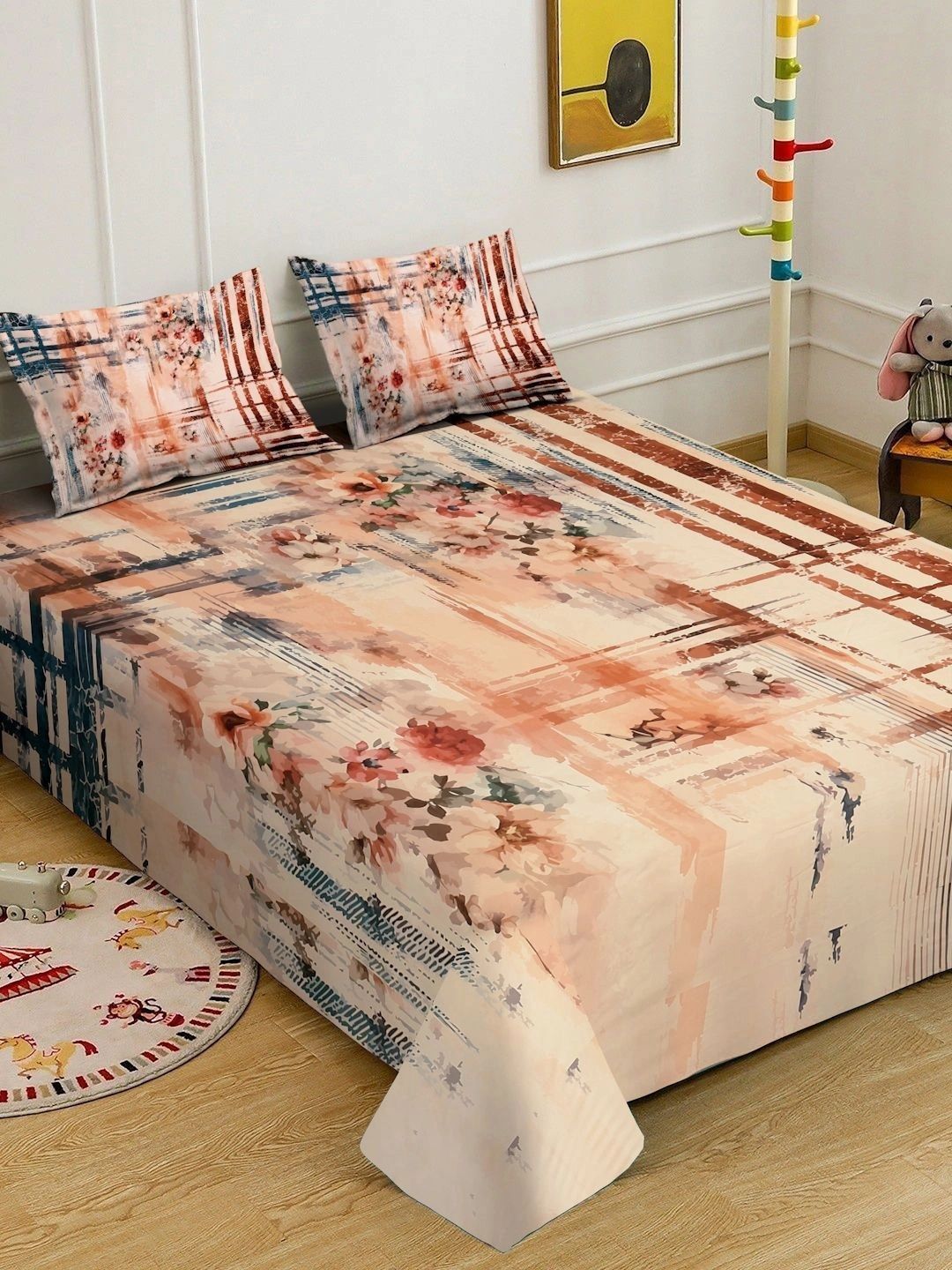 KLOTTHE Coklat & Peach-Coloured Floral 300 TC Cadar King dengan 2 Sarung Bantal