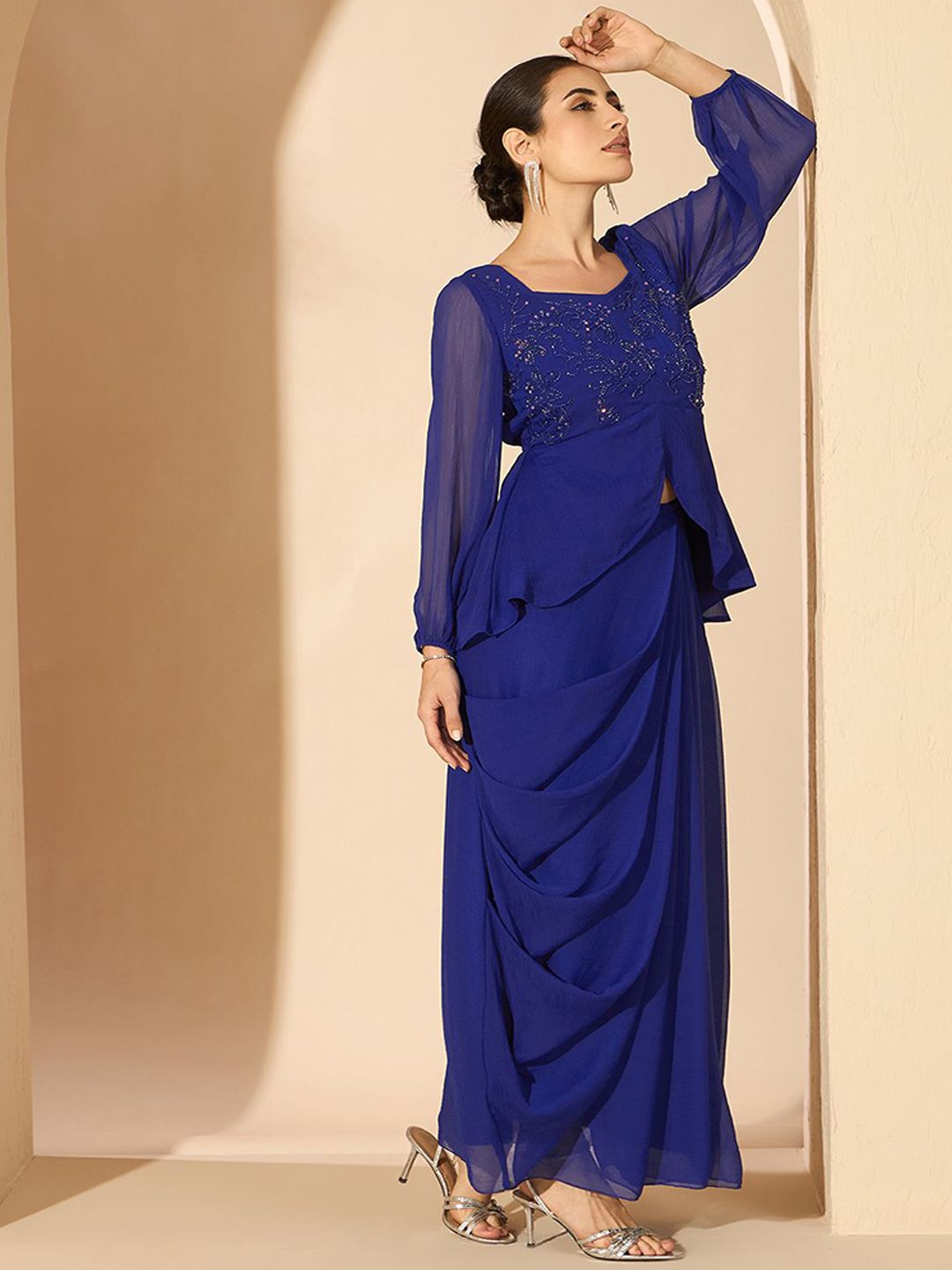 Antheaa Blue Embellished Square Neck Top & Skirt