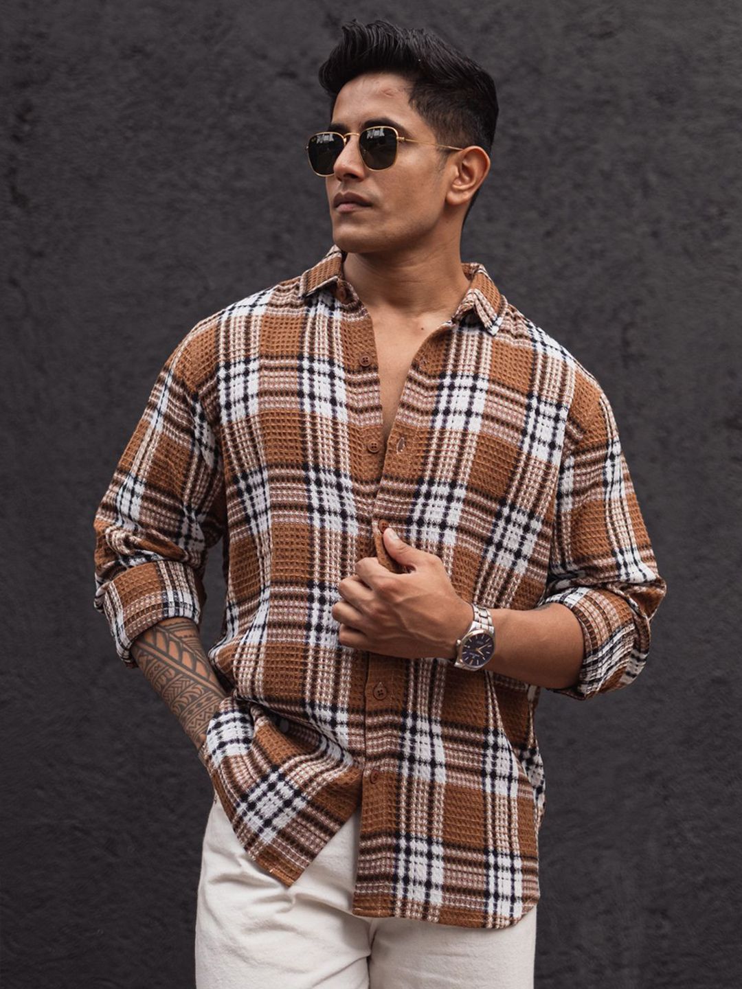 Powerlook Men Spread Collar Tartan Checked Casual Shirt