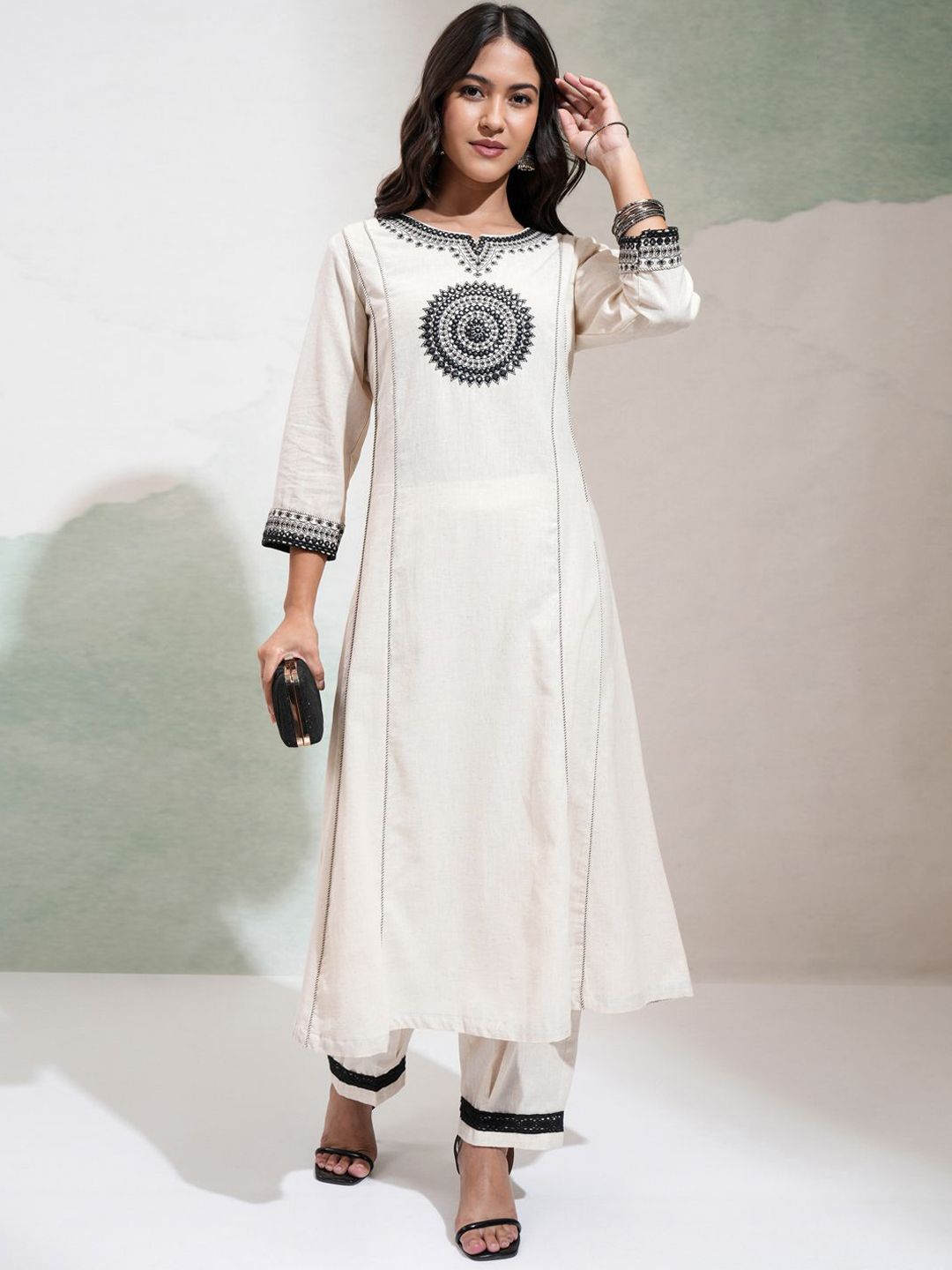 Vishudh Ethnic Motifs Embroidered Panelled Mirror Work Pure Cotton Kurta With Trousers