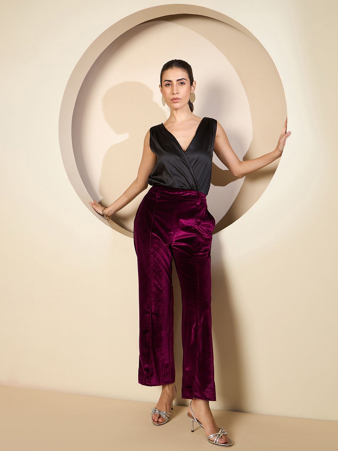 Antheaa Women Smart Straight Fit Velvet Trousers