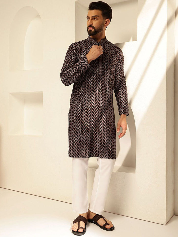 SOJANYA Geometric Embroidered Mandarin Collar Sequinned Cotton Straight Kurta