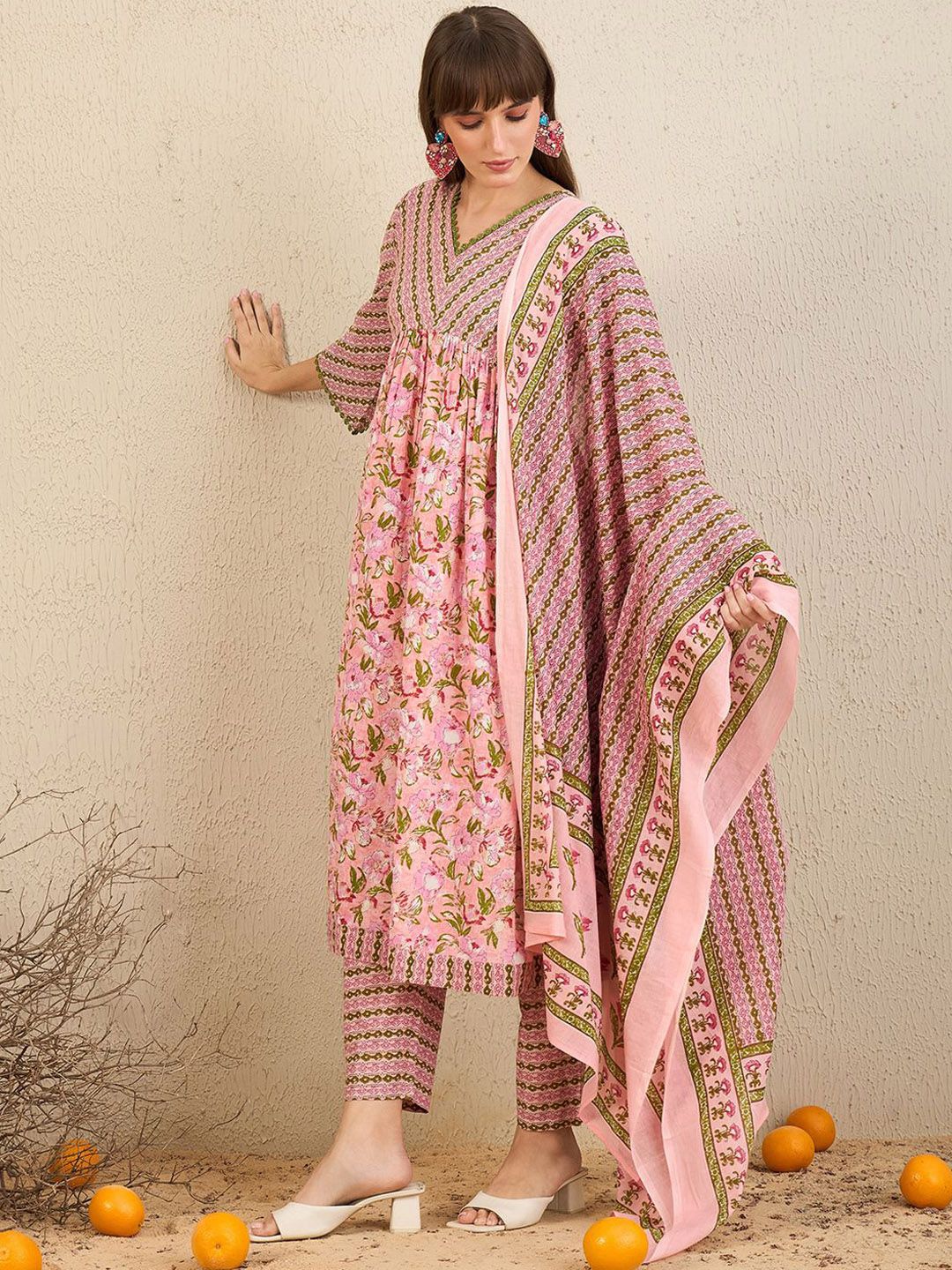 Indo Era Floral Printed Empire Pure Cotton A-Line Kurta With Trousers & Dupatta
