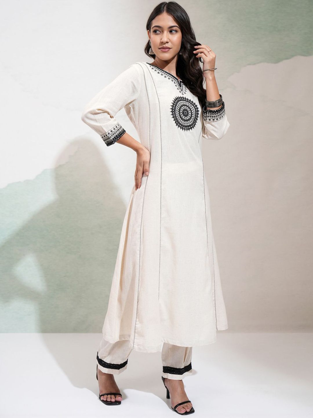 Vishudh Ethnic Motifs Embroidered Panelled Mirror Work Pure Cotton Kurta With Trousers