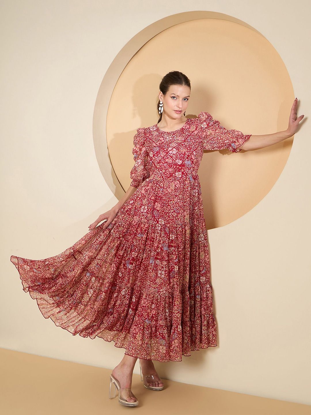 Antheaa Floral Print Puff Sleeve Chiffon Fit & Flare Embellished Maxi Dress