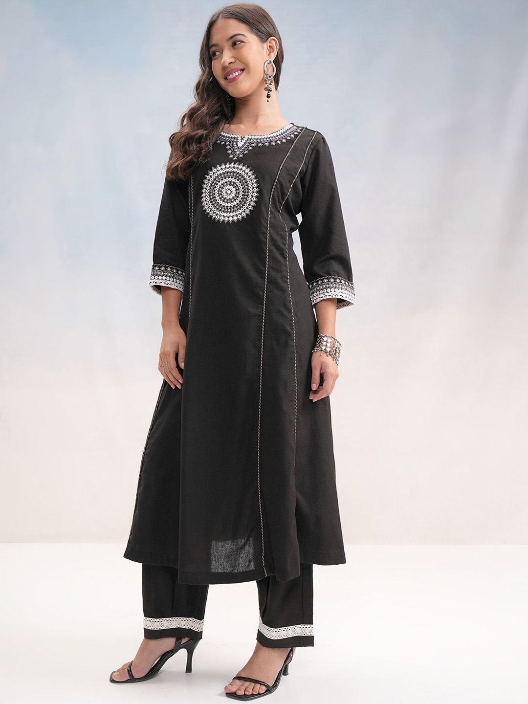 Vishudh Black & Silver Toned Ethnic Motifs Embroidered Cotton A Line Kurta with Palazzos