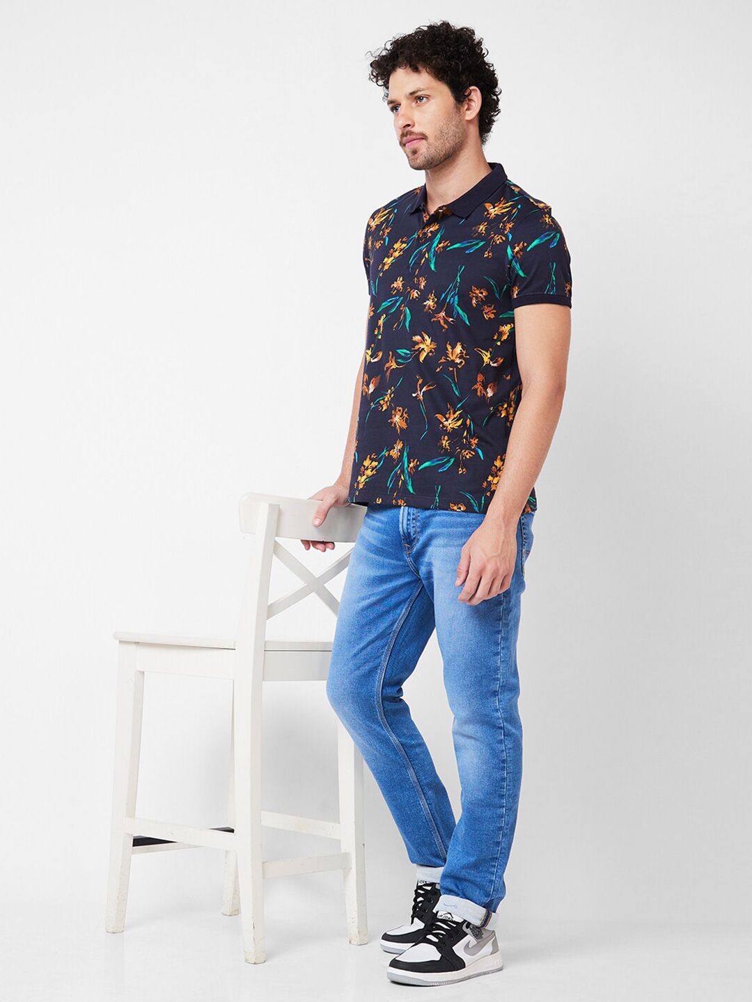 SPYKAR Floral Printed Polo Collar Tropical Pure Cotton Slim Fit T-shirt