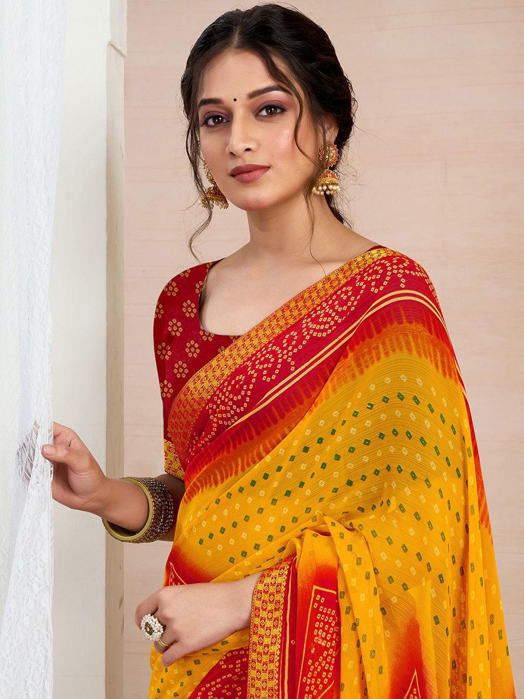 KALINI Bandhani Zari Pure Chiffon Bandhani Saree