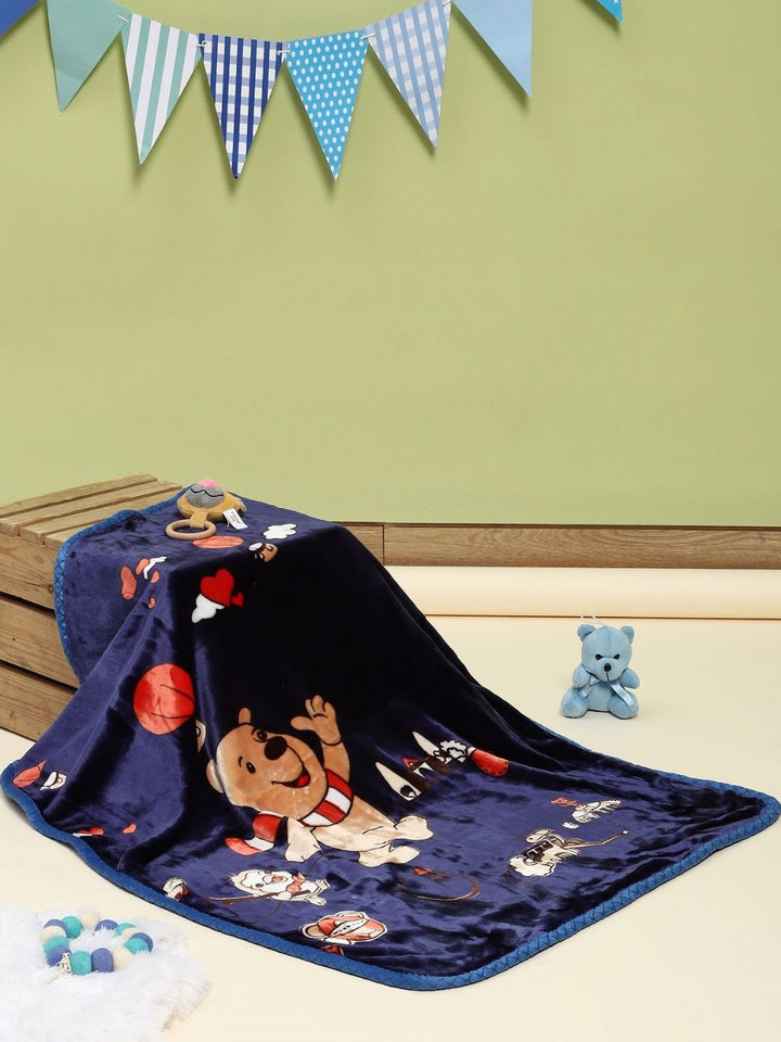 Monte Carlo Navy Blue & Beige Cartoon Characters Mild Winter 550 GSM Single Bed Blanket