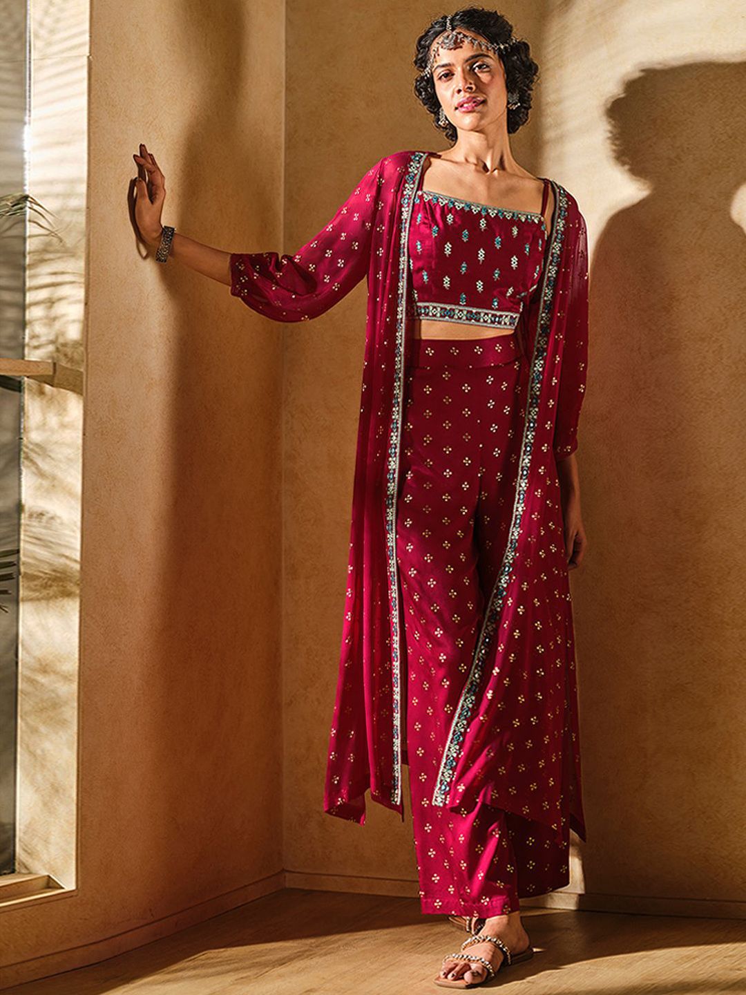 Global Desi Floral Printed Top & Trouser With Shrug Co-Ords