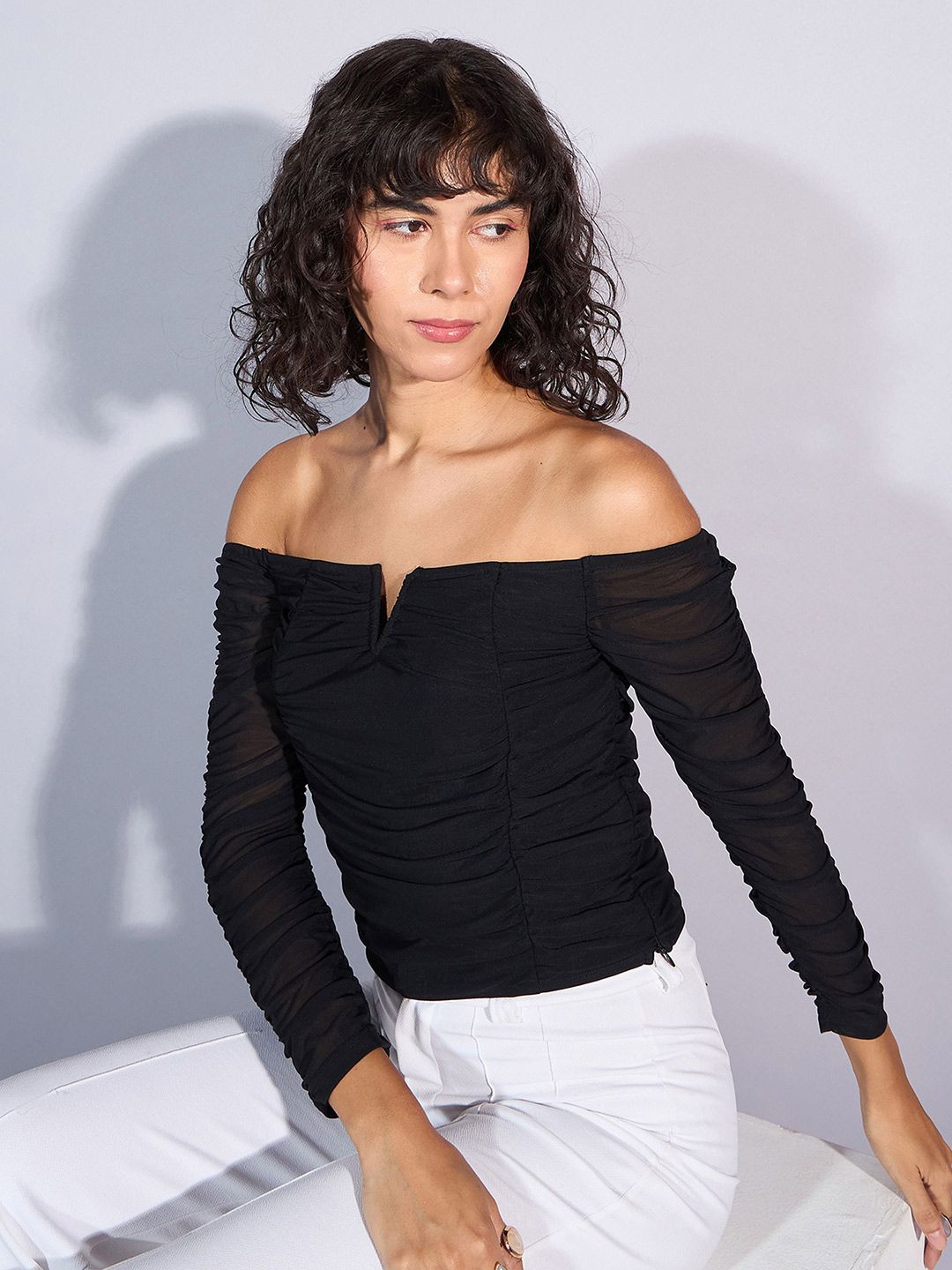 SASSAFRAS Striped Off-Shoulder Net Bardot Top