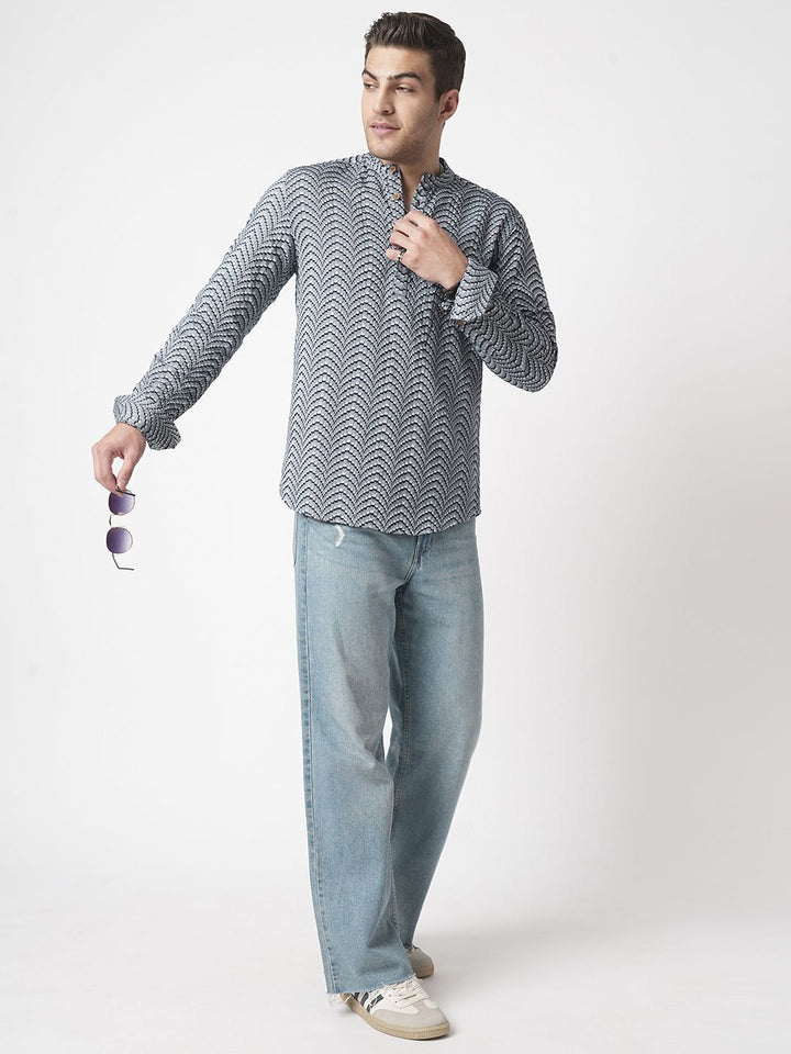 VASTRADO Abstract Woven Design Mandarin Collar Cotton Jacquard A-Line Short Kurta