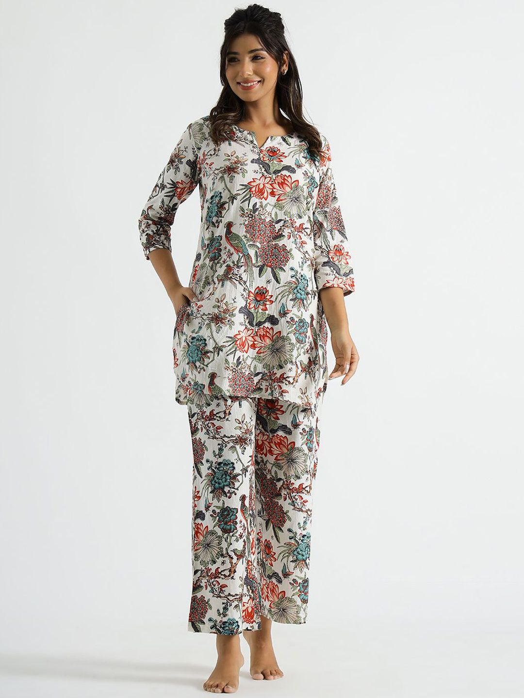 Mamicha Printed Round Neck Top With Trousers Co-Ords Set