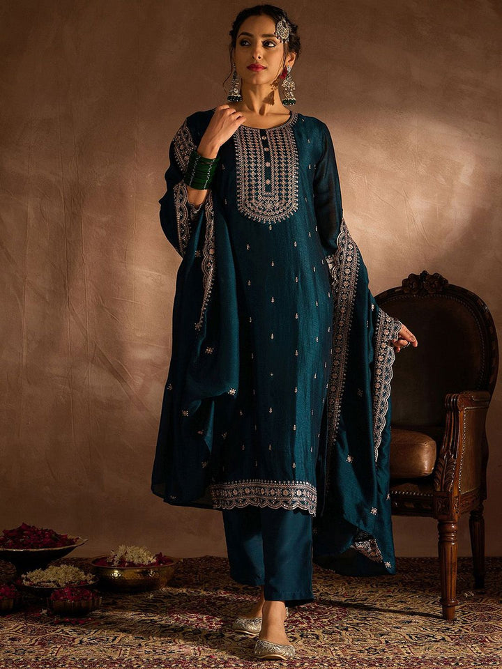 Indo Era Ethnic Motifs Embroidered Thread Work Straight Kurta With Trousers & Dupatta