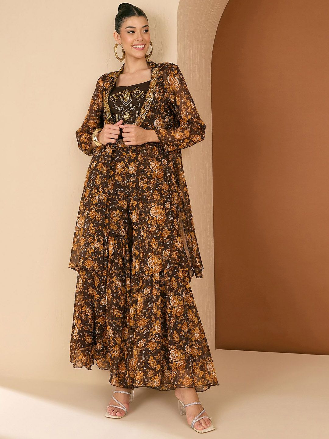 Antheaa embellished Printed Square Neck Top Jacket & Trousers Co-Ords Set