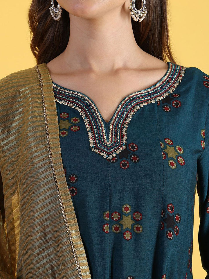 W Blue Ethnic Motifs Printed Notch Neck A-Line Kurta With Palazzos And Dupatta
