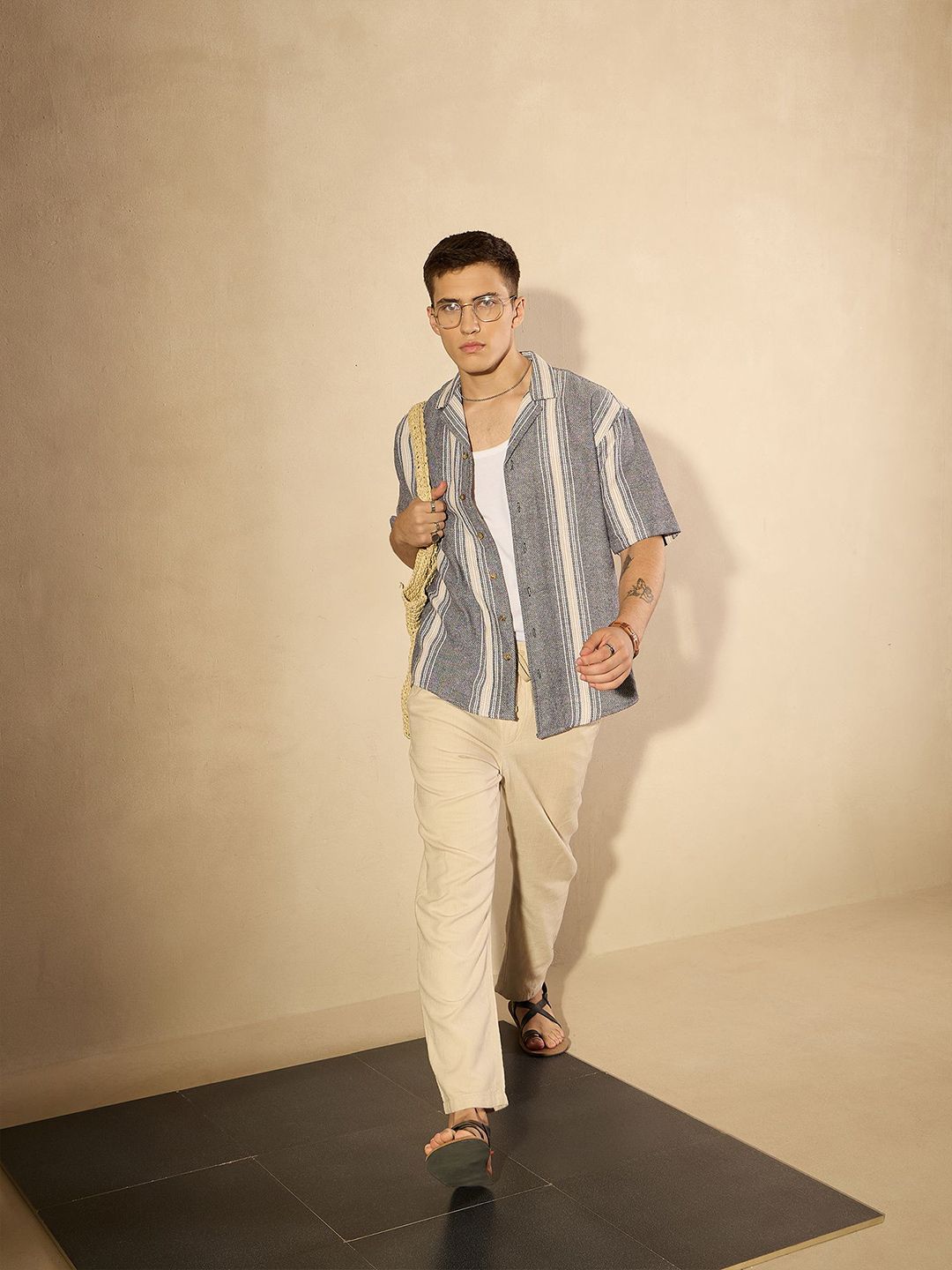 DENNISON Men Aspect Striped Oversized Cotton Shirt