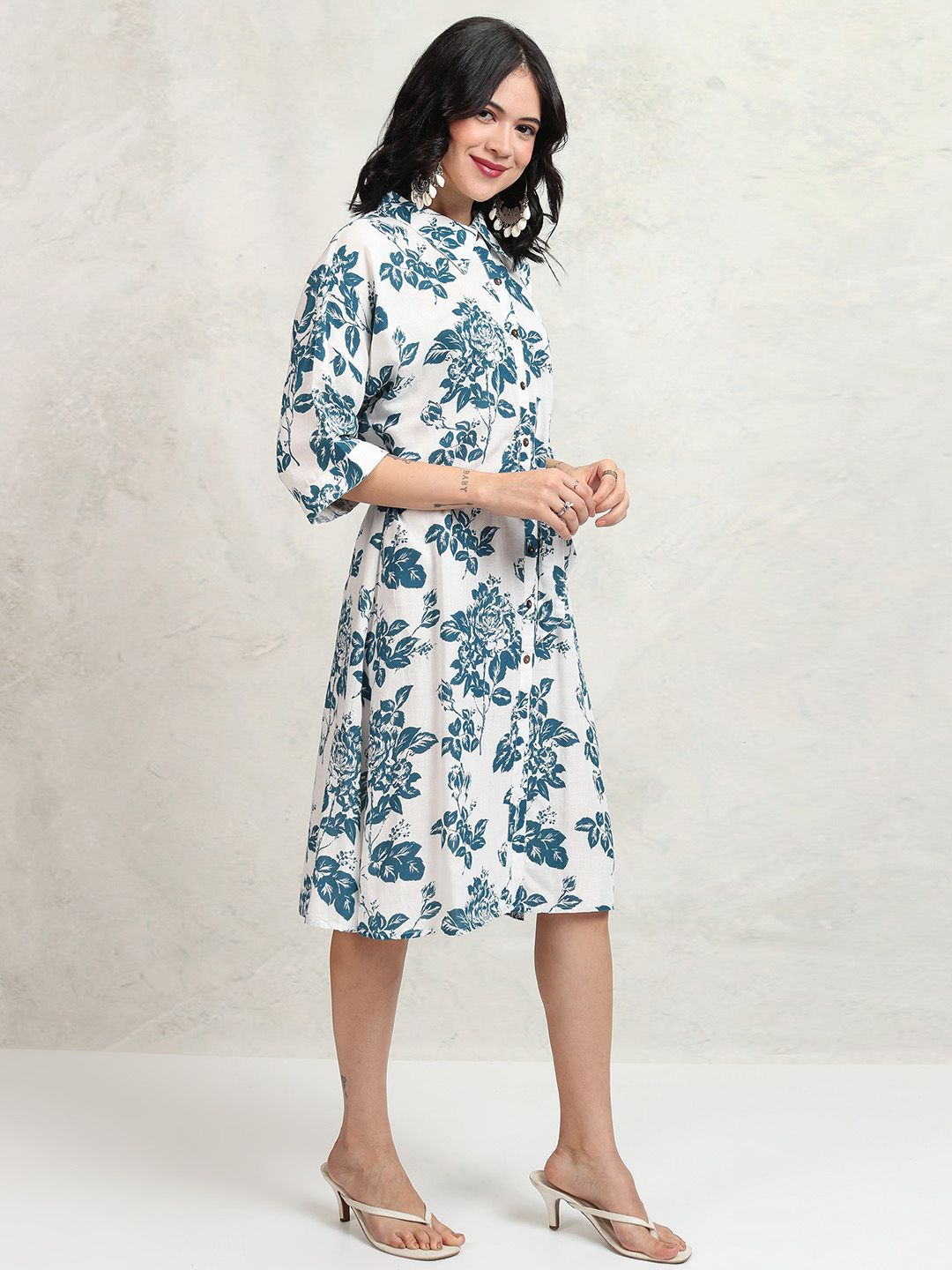 Vishudh Women Floral Print Shirt Collar Flared Sleeve Knee Length Shirt Dress