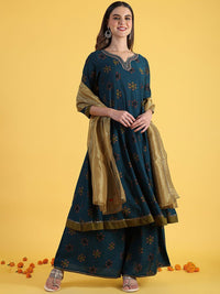 W Blue Ethnic Motifs Printed Notch Neck A-Line Kurta With Palazzos And Dupatta