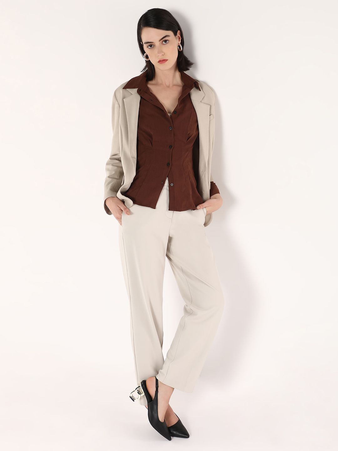 RAREISM Women Solid Shirt Collar Shirt Style Cotton Top