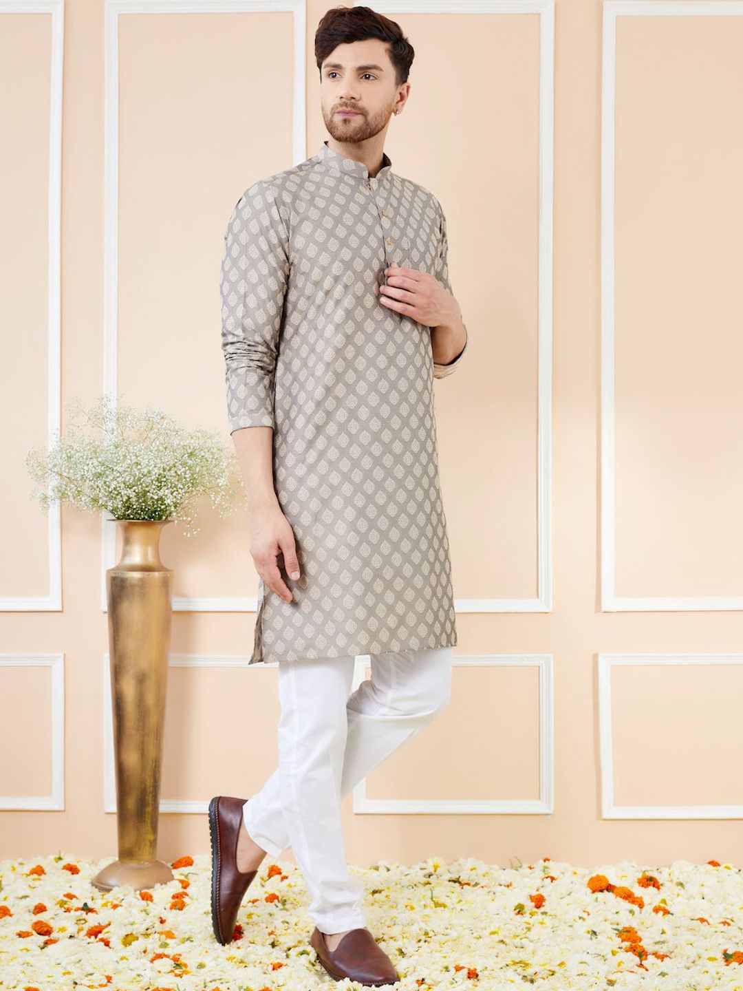 See Designs Ethnic Motifs Woven Design Mandarin Collar Straight Kurta With Pyjamas