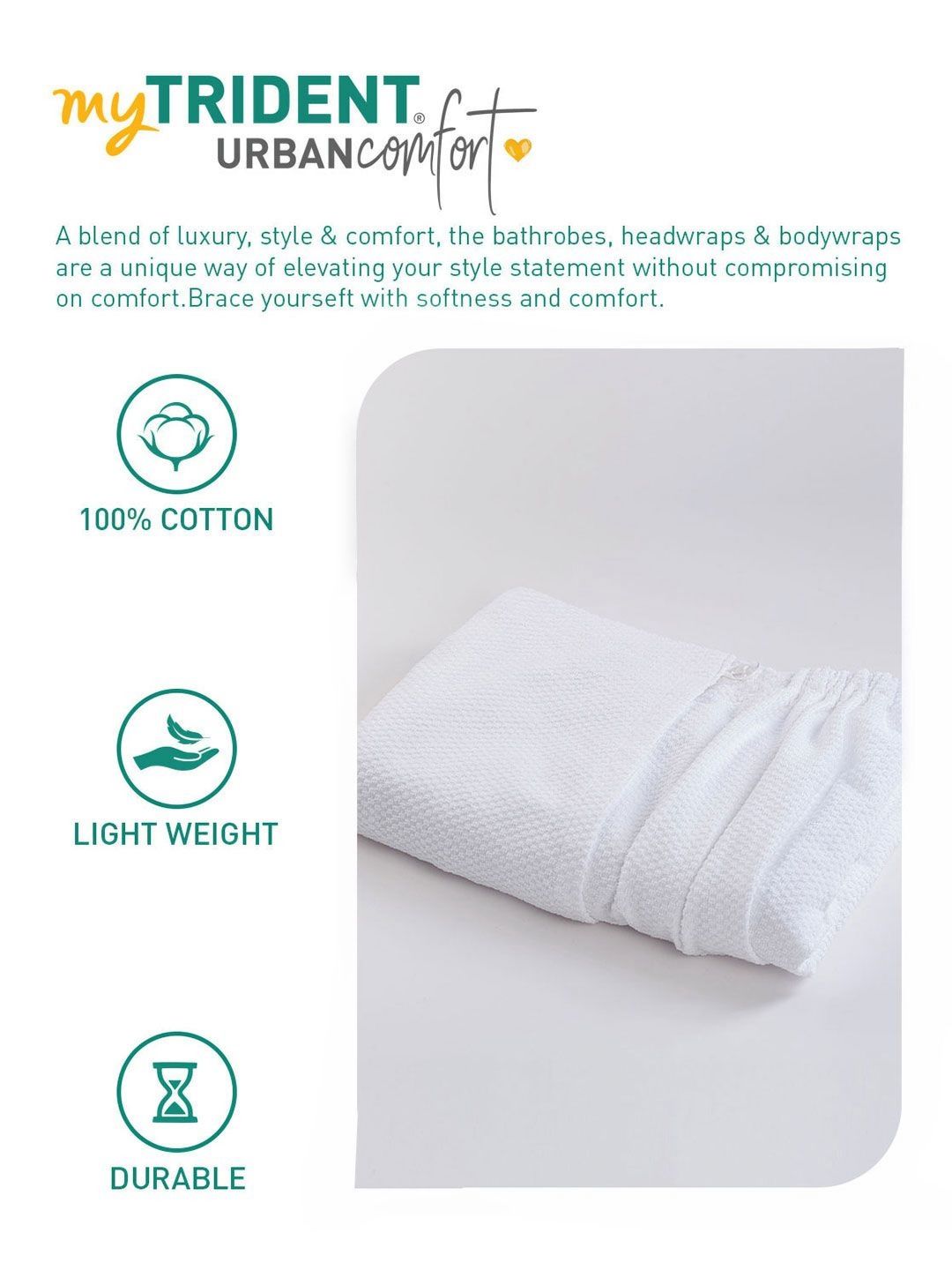 MYTRIDENT White Pure Cotton Bath Robe With Headwrap