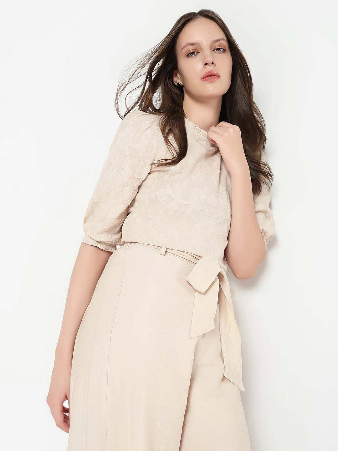 RAREISM Women Self Design Round Neck Cotton Top