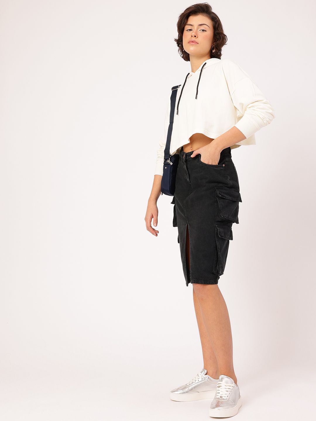 DressBerry Cargo Style Front Slit Denim Skirt