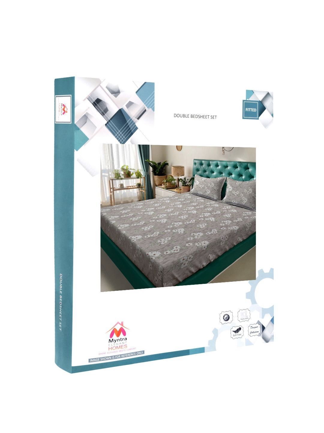 Myntra Elegant Homes Grey Floral Pure Cotton 400 TC Fitted King Superfine Bedsheet dengan 2 Sarung Bantal-98 x 89 inci
