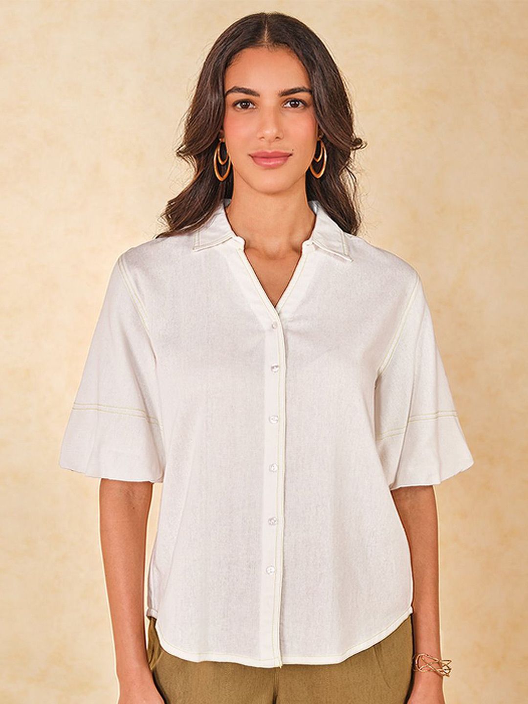 AND Print Mandarin Collar Shirt Style Top