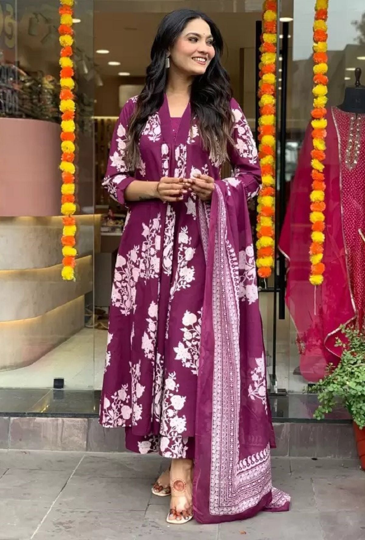 KALINI Floral Printed Pleated V-Neck A-Line Kurta With Palazzos And Dupatta