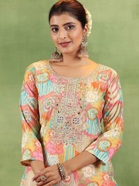 Libas Floral Embroidered Mirror Work Straight Kurta With Trousers & Dupatta