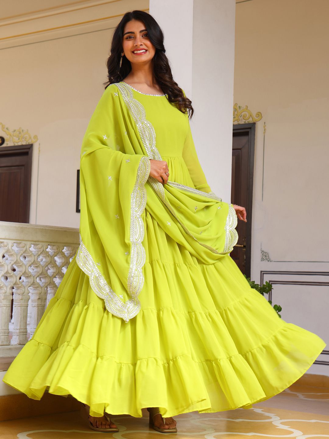 KALINI Women Layered Thread Work Kurta with Pyjamas & With Dupatta