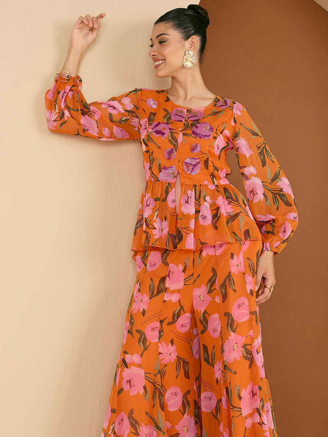 Antheaa Printed Embellished Round Neck Top With Palazzos