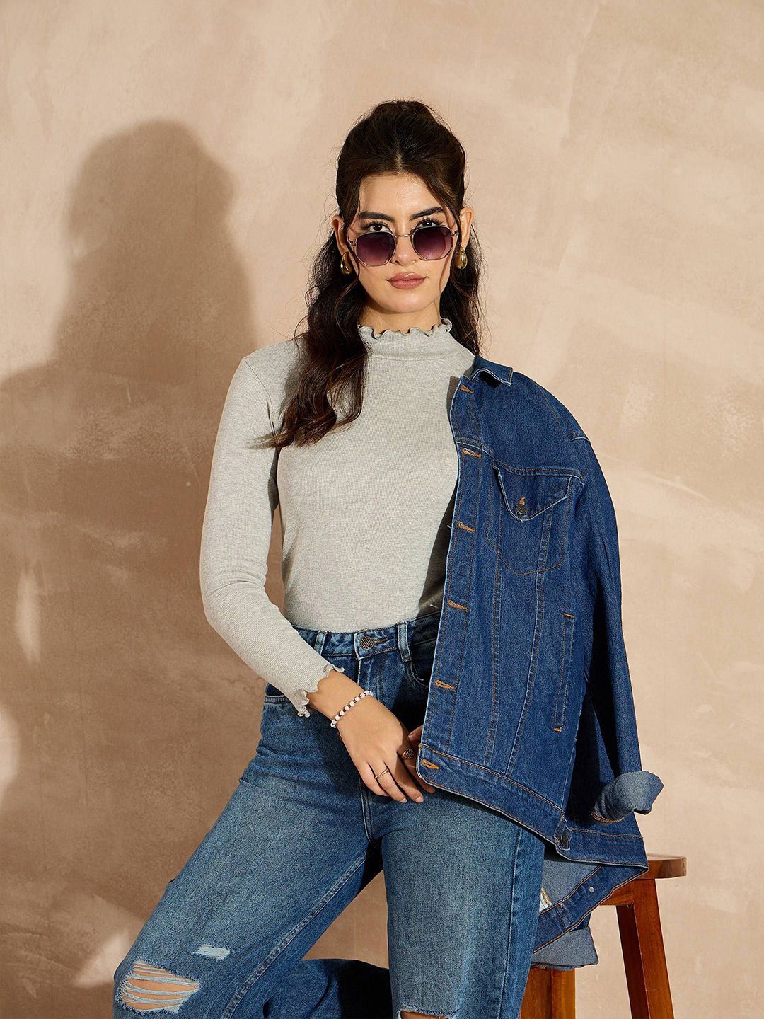 SASSAFRAS Women Grey Long Sleeves High Neck Top