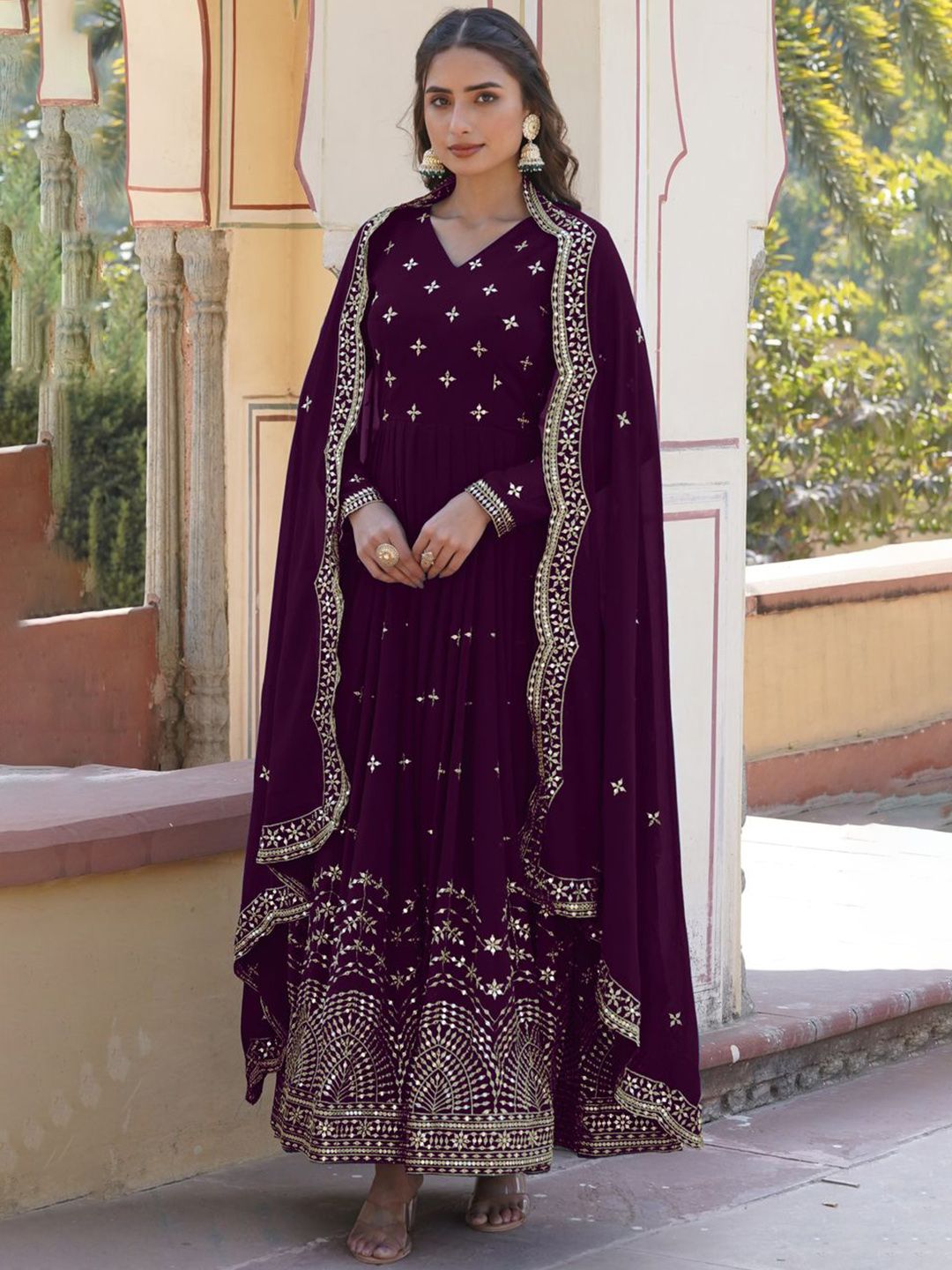 KALINI Floral Embroidered V Neck Gotta Patti Work Georgette Anarkali Kurta With Dupatta