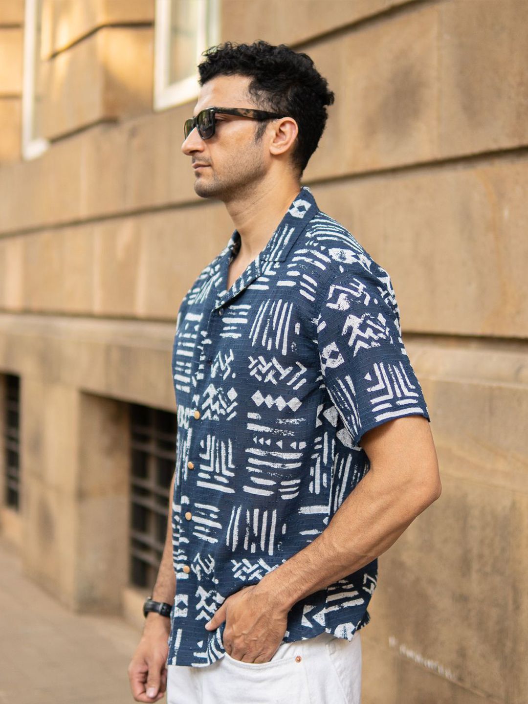 Powerlook Abstract Aztec Printed Cuban Collar Cotton Shirt