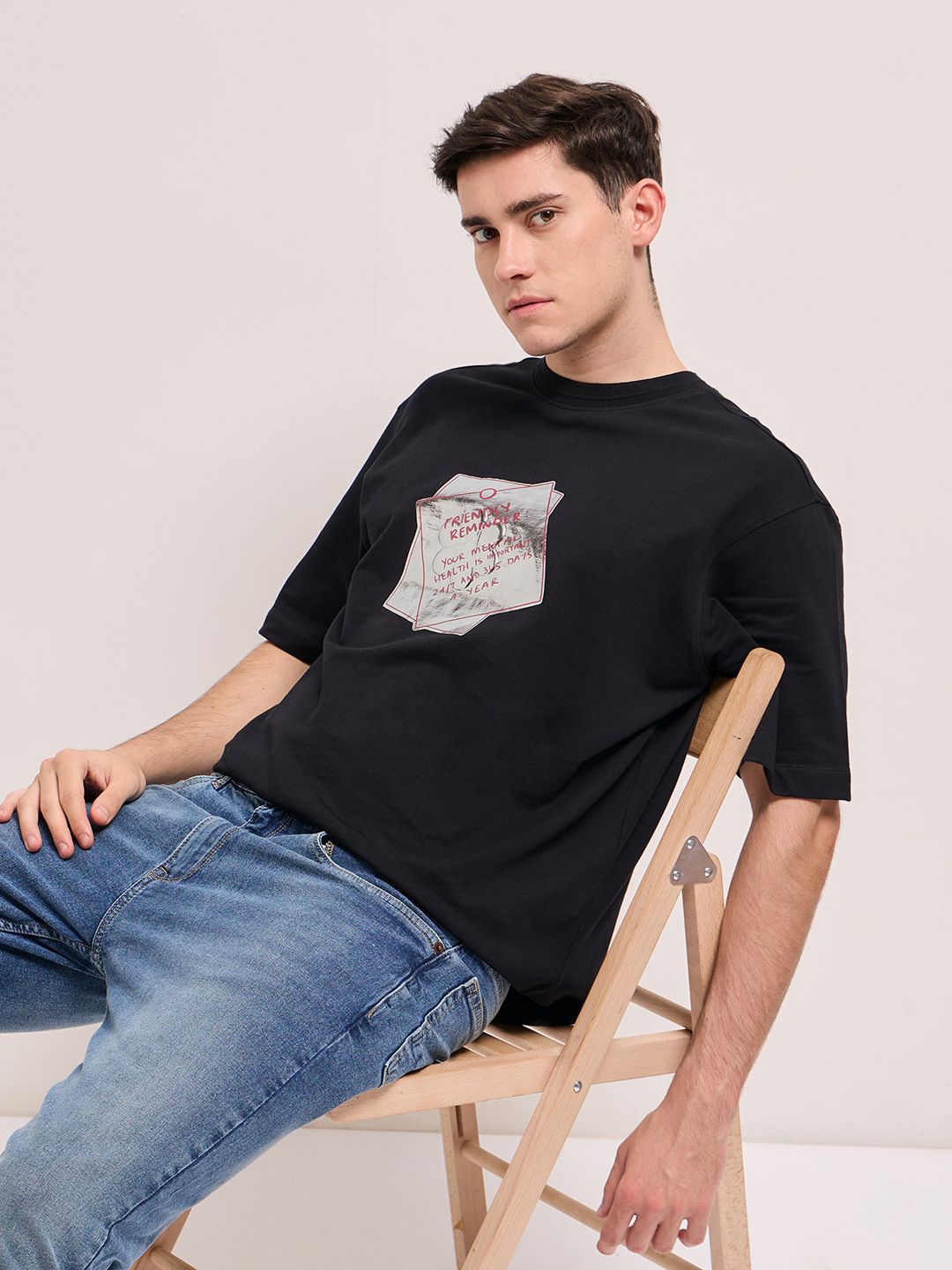 THE BEAR HOUSE Men Graphic Printed Round Neck Pure Cotton Oversized T-shirt