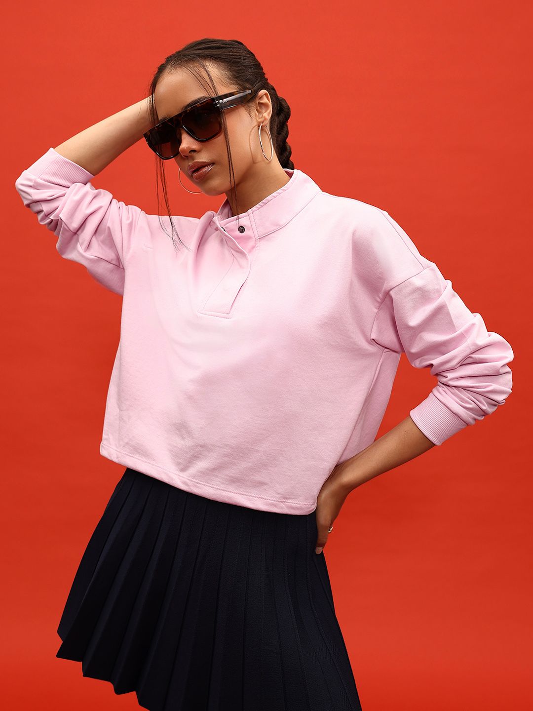 DressBerry Solid Mock Collar Relaxed Sweatshirt