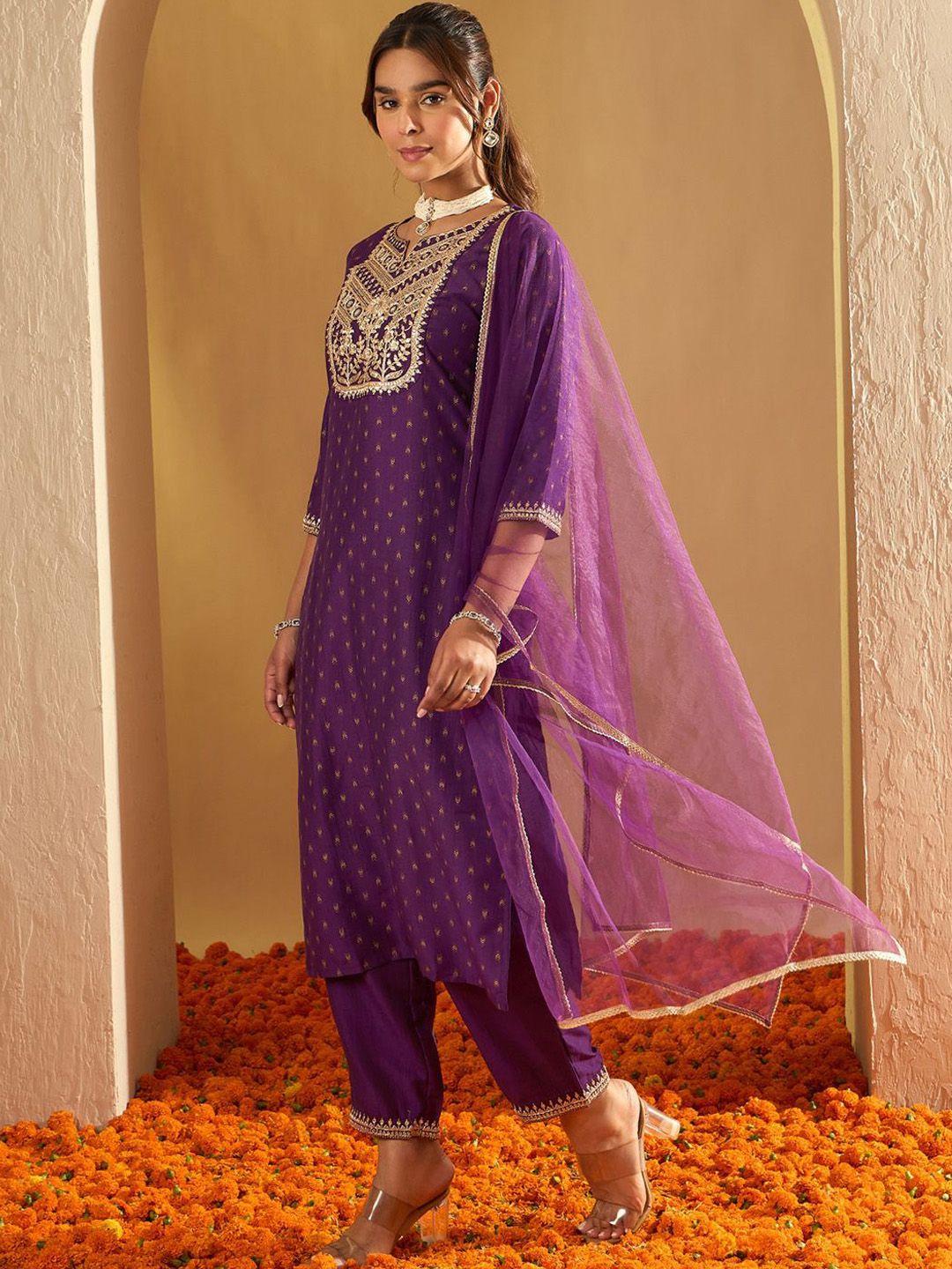 Indo Era Ethnic Motifs Printed Straight Sequinned Kurta with Trousers & Dupatta