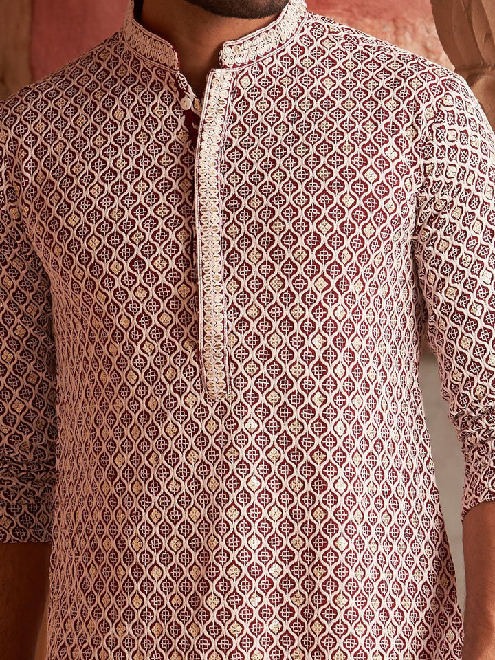 Jompers Geometric Embroidered Chikankari Mandarin Collar Pure Cotton Straight Kurta