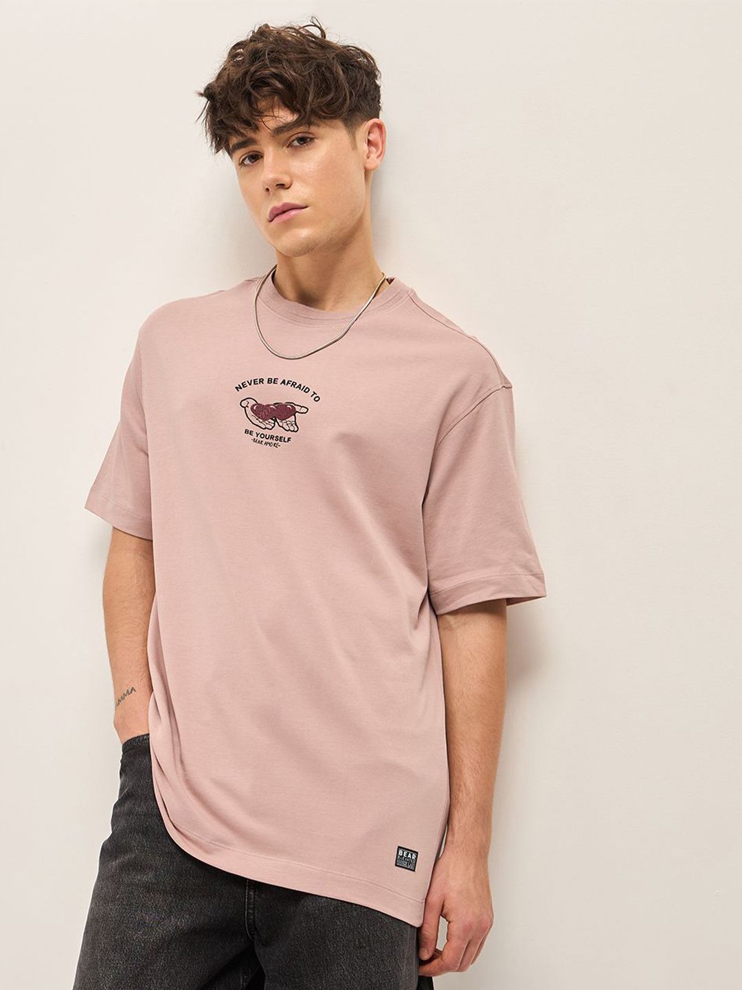 THE BEAR HOUSE Typography Printed Drop Shoulder Sleeves Pure Cotton Oversized T-shirt